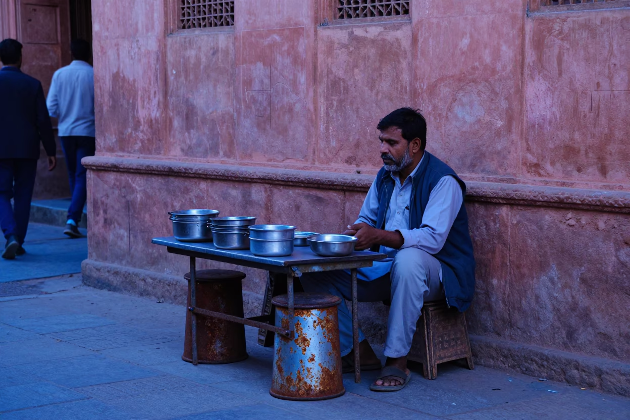 Evening Street Scene in Jaipur India with Rusty Stool and Enamel Pitcher in in Jaipur, India