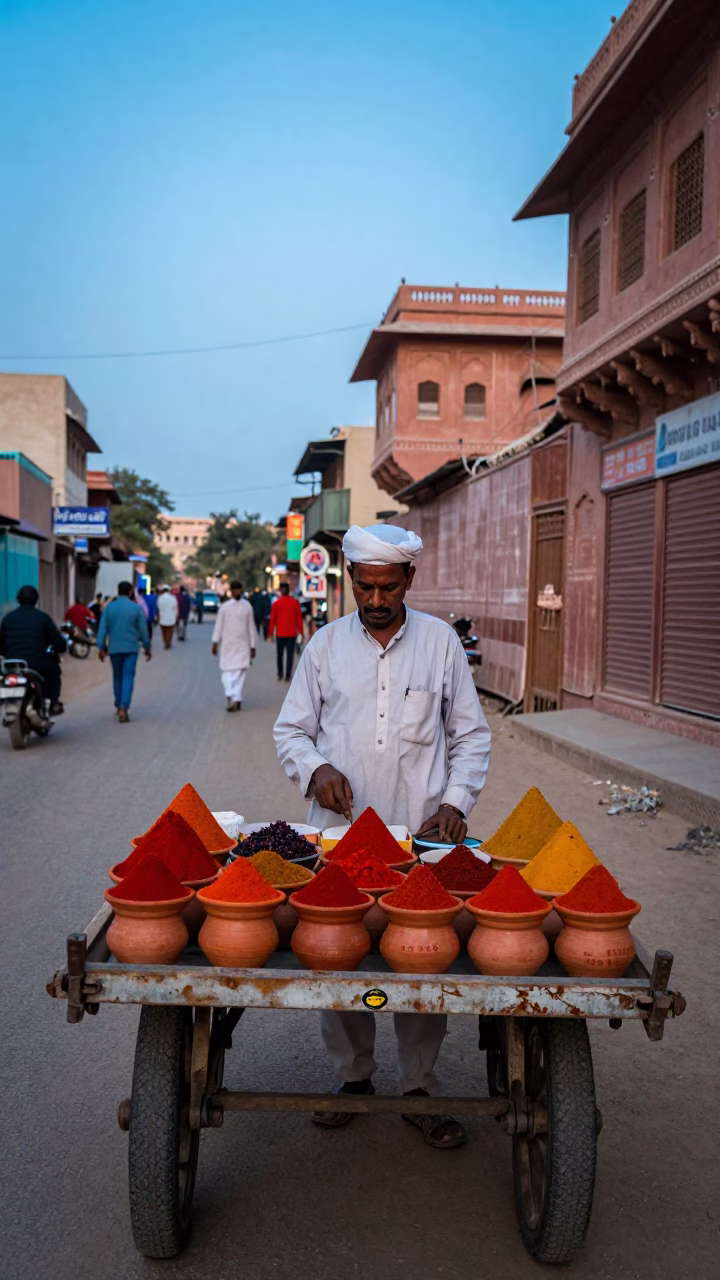 Evening Street Scene in Jaipur India with Spice Vendor and Traditional Architecture in in Jaipur, India