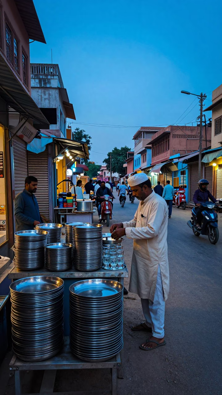 Evening Street Scene in Jaipur India with Stacked Plates and Glass Jar in in Jaipur, India