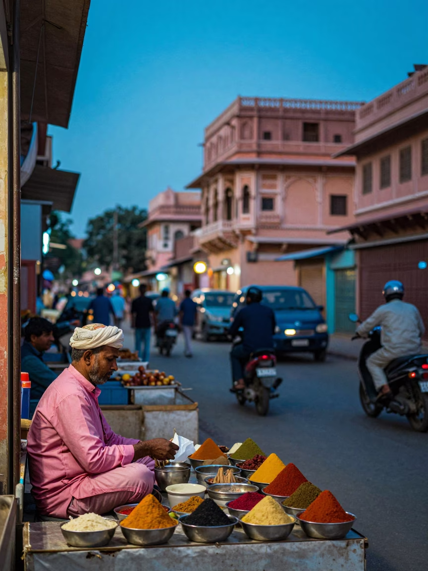 Evening Street Scene in Jaipur India with Traditional Architecture and Local Activity in in Jaipur, India