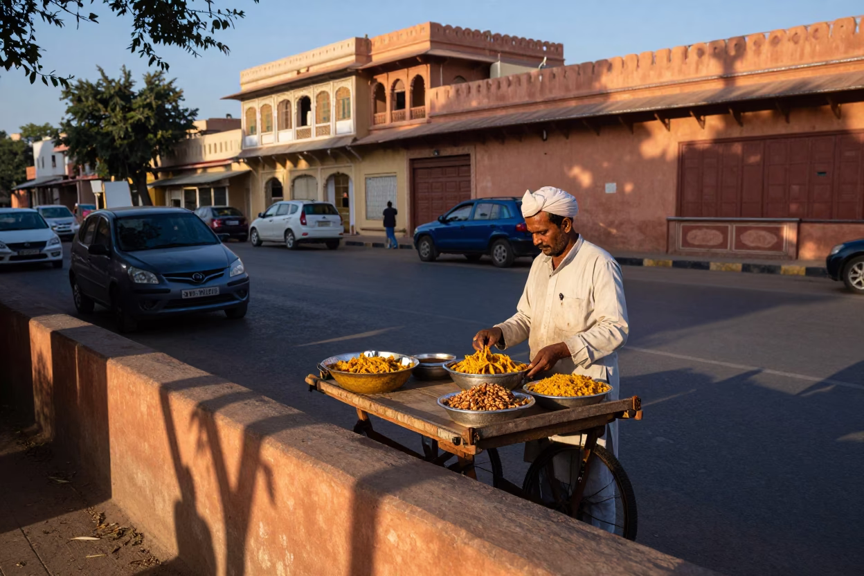 Evening Street Scene in Jaipur India with Traditional Food and Architecture in in Jaipur, India