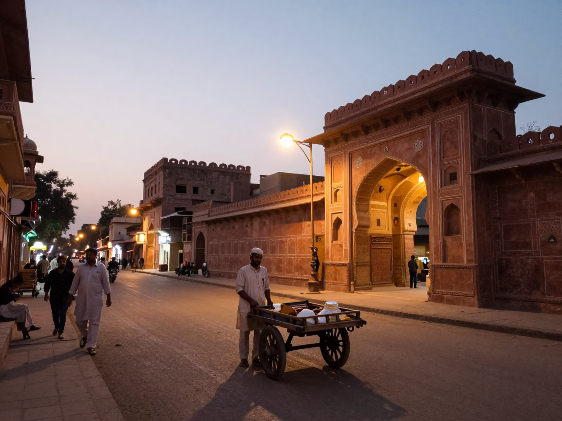 Evening street scene in Jaipur India with vendor and traditional architecture in in Jaipur, India