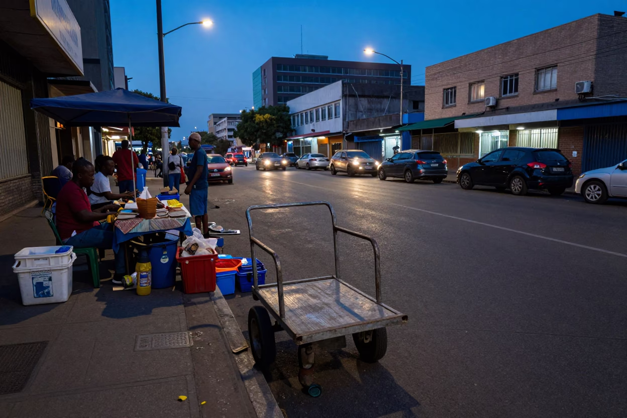 Evening street scene in Johannesburg South Africa with local vendors and urban details in in Johannesburg, South Africa
