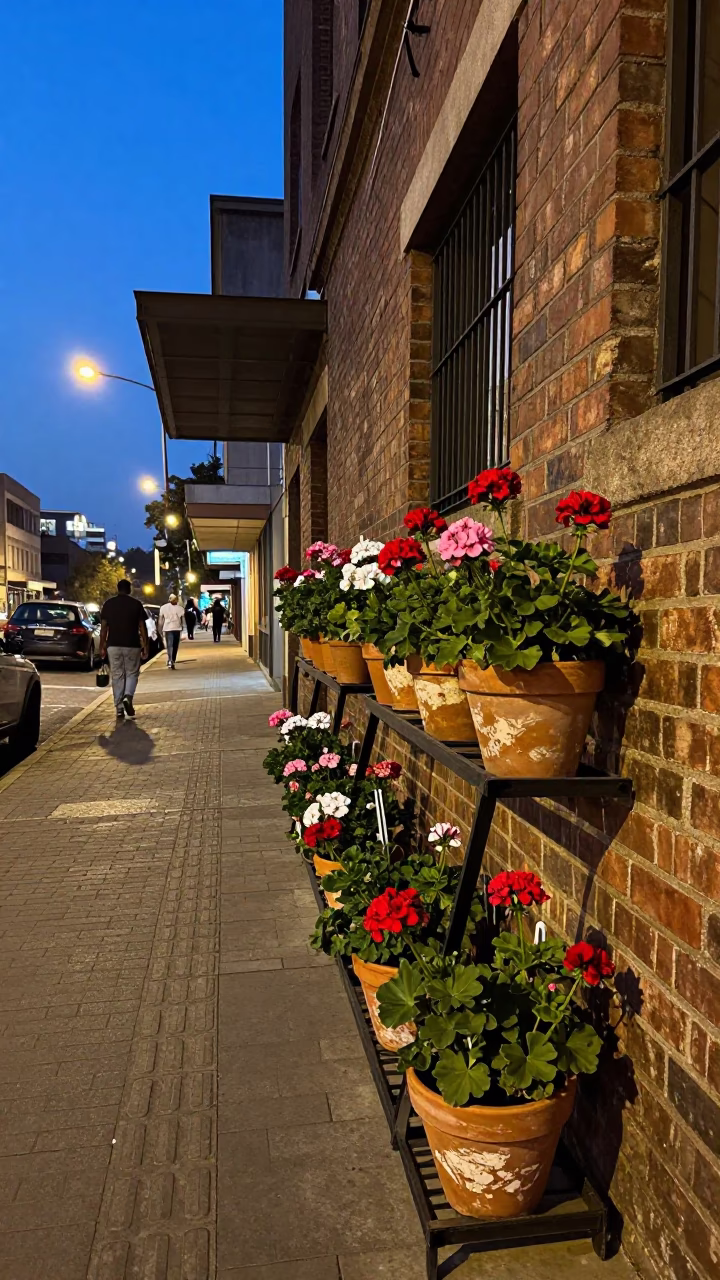 Evening street scene in Johannesburg with drying rack and geraniums in in Johannesburg, South Africa