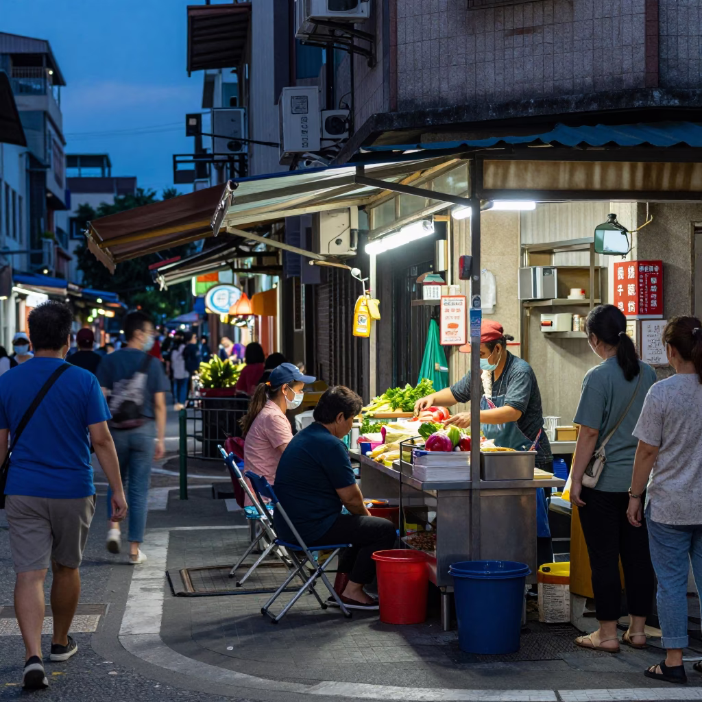 Evening Street Scene in Kaohsiung Taiwan with Folding Chair and Local Life in in Kaohsiung, Taiwan