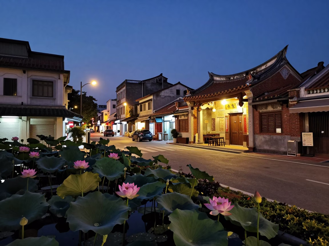 Evening Street Scene in Kaohsiung Taiwan with Lotus Pond and Traditional Porcelain in in Kaohsiung, Taiwan
