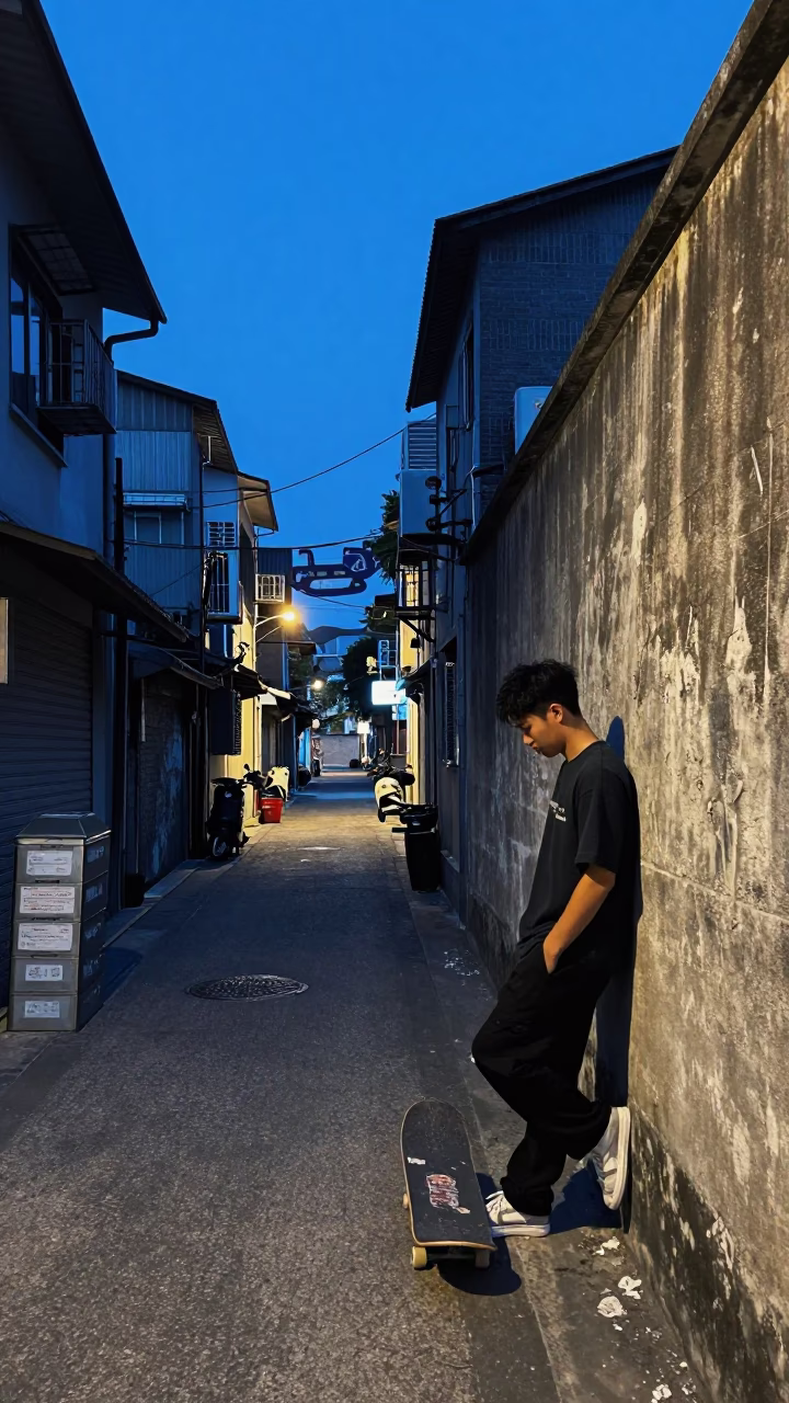 Evening Street Scene in Kaohsiung Taiwan with Skateboard and Storage Tin in in Kaohsiung, Taiwan