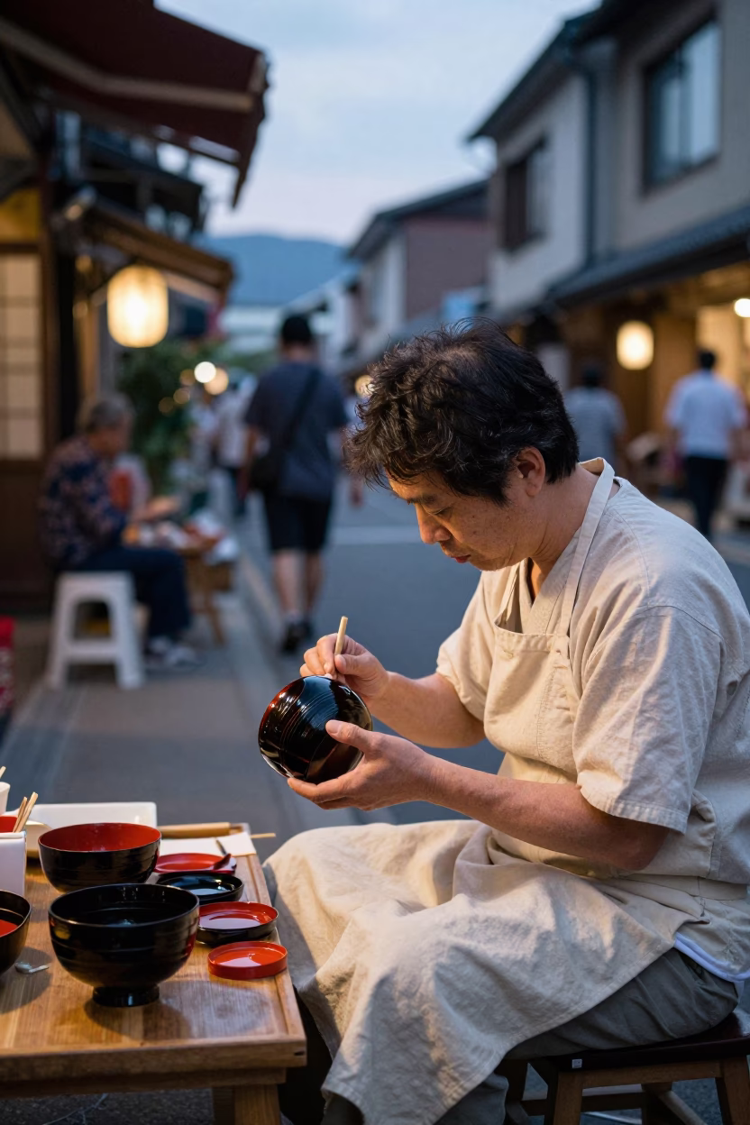 Evening Street Scene in Kaohsiung Taiwan with Traditional Urushi Lacquer Artist Working in in Kaohsiung, Taiwan