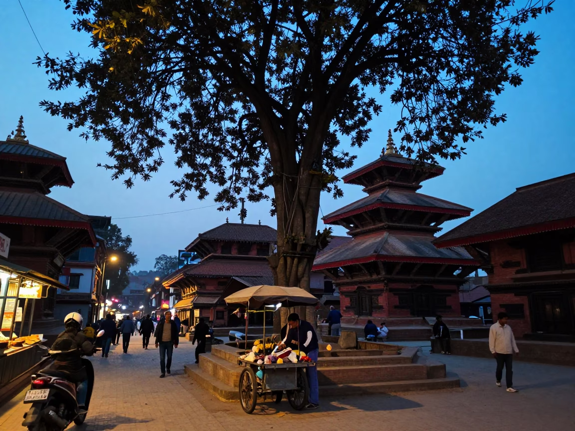 Evening Street Scene in Kathmandu Nepal with Banyan Tree and Traditional Life in in Kathmandu, Nepal