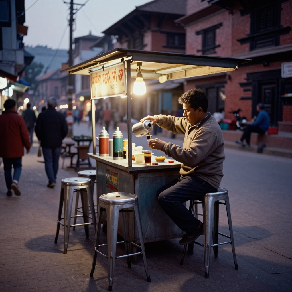 Evening Street Scene in Kathmandu Nepal with Bar Stools and Thermos in in Kathmandu, Nepal