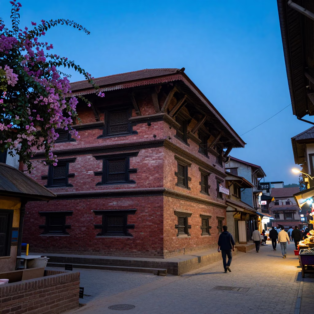 Evening Street Scene in Kathmandu Nepal with Bougainvillea and Local Commerce in in Kathmandu, Nepal