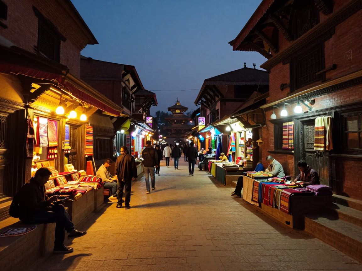 Evening Street Scene in Kathmandu Nepal with Colorful Shop Lights and Local Activity in in Kathmandu, Nepal