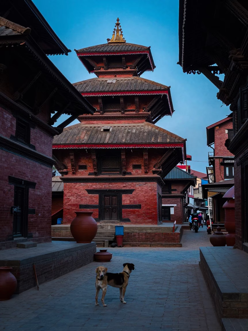 Evening Street Scene in Kathmandu Nepal with Dog and Clay Pot in in Kathmandu, Nepal