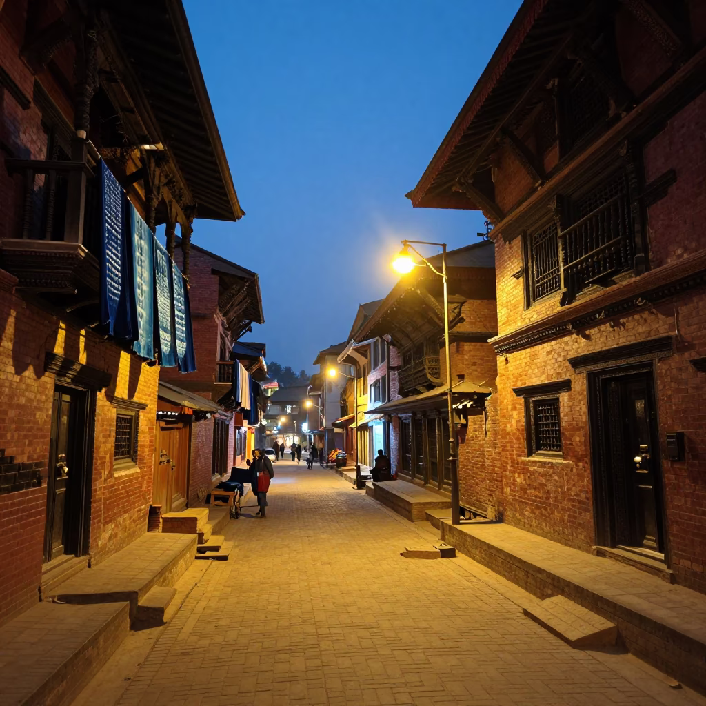 Evening Street Scene in Kathmandu Nepal with Drying Indigo Fabric and Local Activity in in Kathmandu, Nepal