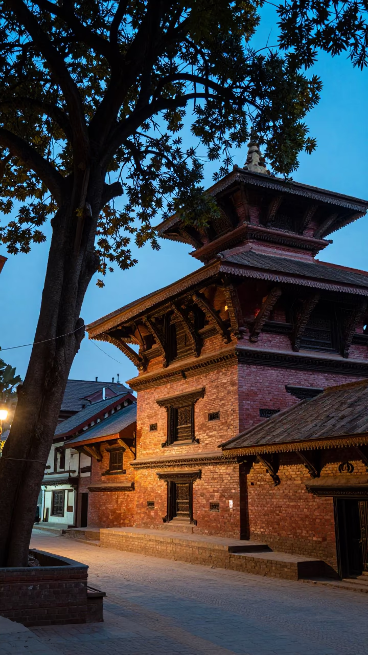 Evening Street Scene in Kathmandu Nepal with Fig Tree and Traditional Architecture in in Kathmandu, Nepal