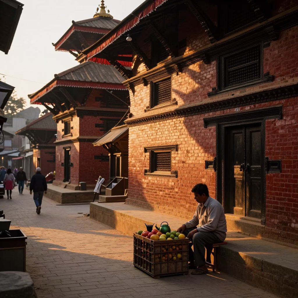 Evening Street Scene in Kathmandu Nepal with Fruit Crate and Watering Jug in in Kathmandu, Nepal