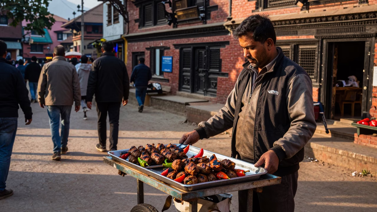 Evening Street Scene in Kathmandu Nepal with Grilled Kofte and Pedestrians in in Kathmandu, Nepal