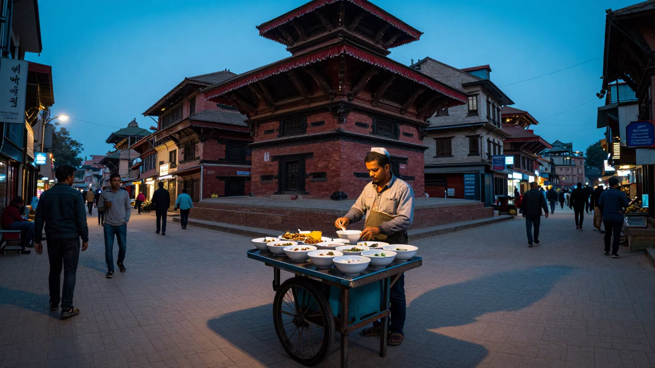 Evening Street Scene in Kathmandu Nepal with Local Food and Casual Interaction in in Kathmandu, Nepal