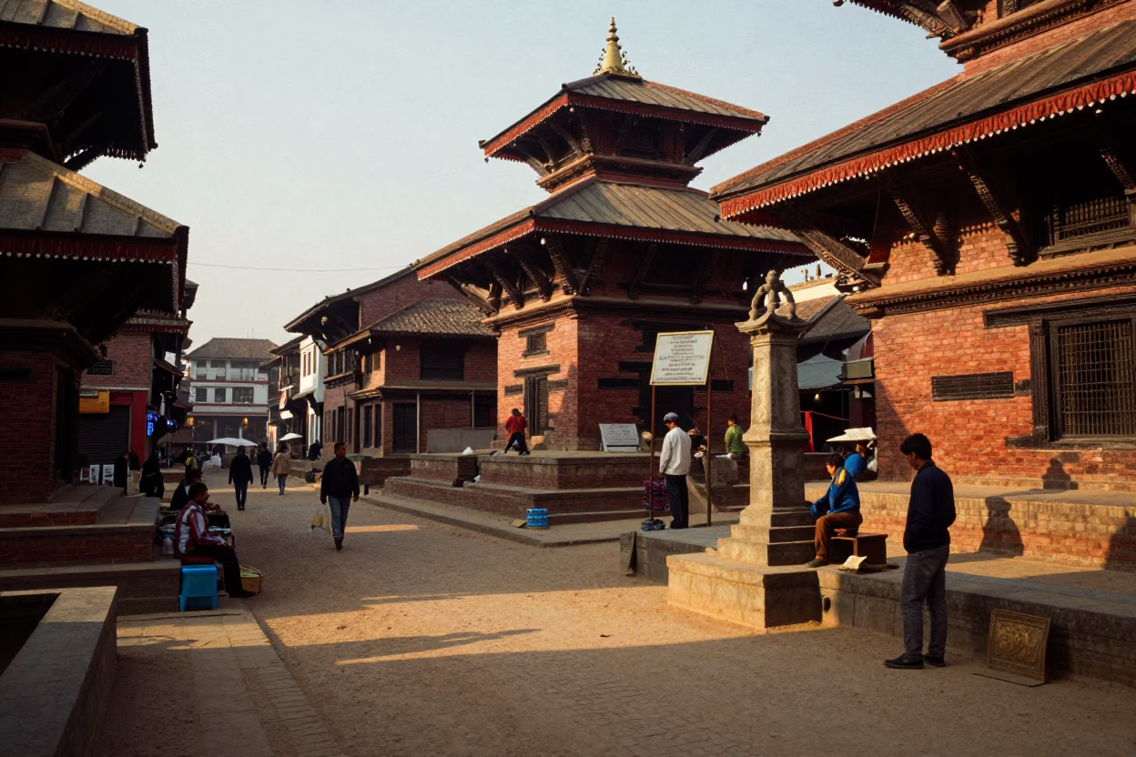 Evening Street Scene in Kathmandu Nepal with Local Vendors and Traditional Architecture in in Kathmandu, Nepal