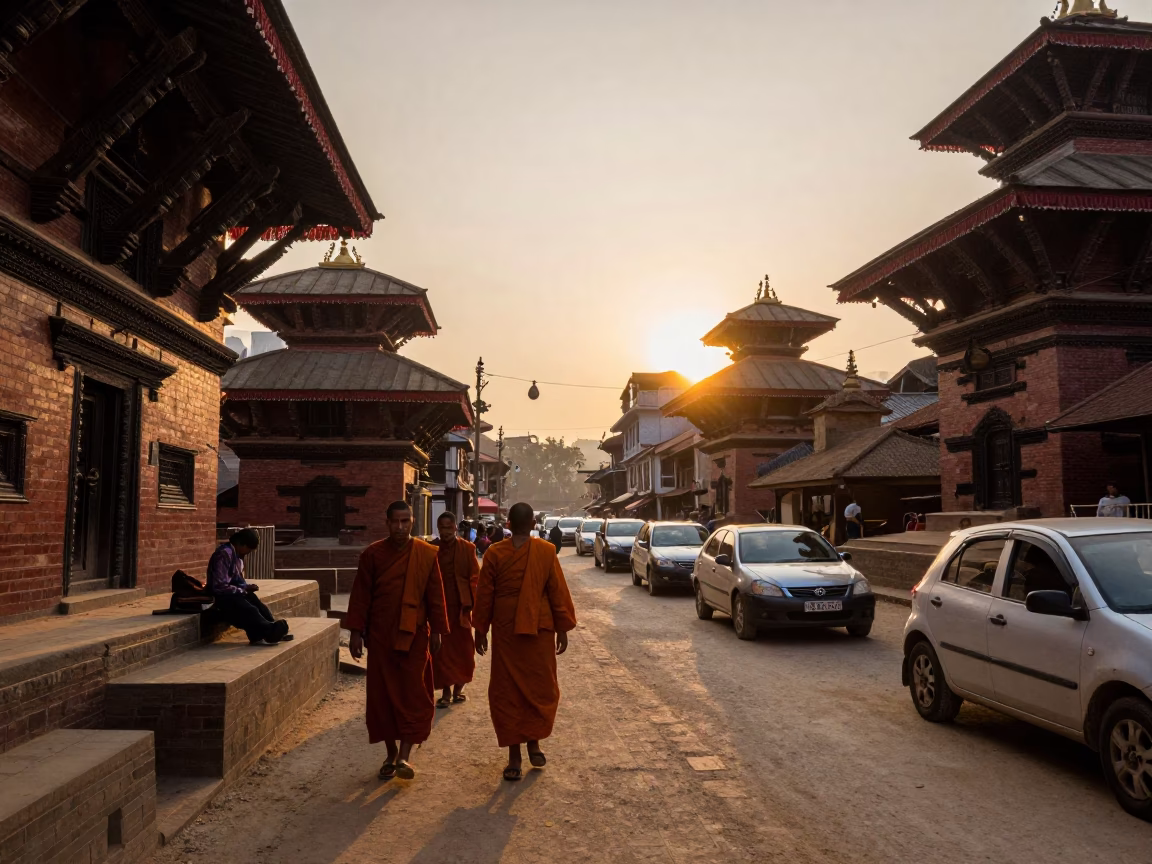 Evening Street Scene in Kathmandu Nepal with Monks and Traffic as Sun Sets in in Kathmandu, Nepal