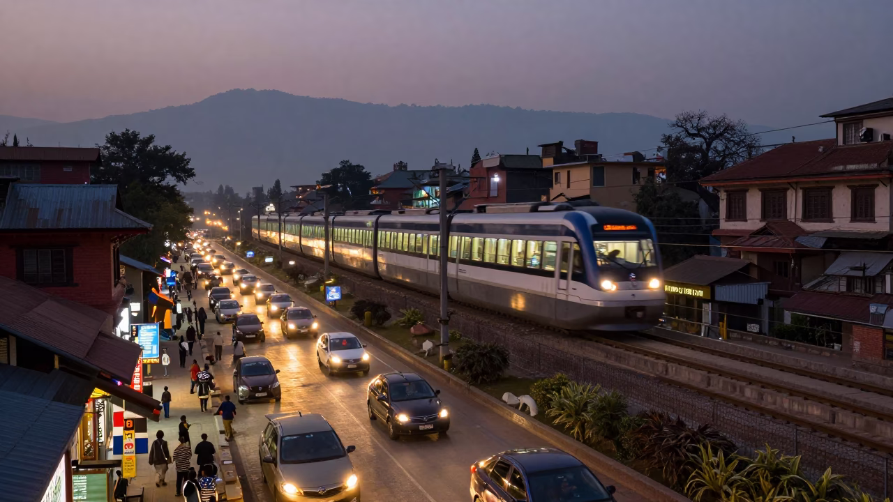 Evening Street Scene in Kathmandu Nepal with Monorail and Local Life in in Kathmandu, Nepal