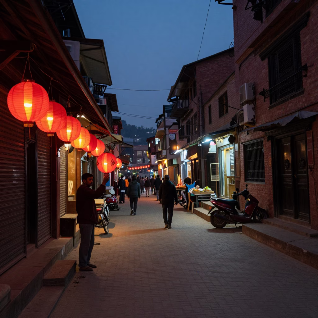 Evening Street Scene in Kathmandu Nepal with Paper Lanterns and City Lights in in Kathmandu, Nepal