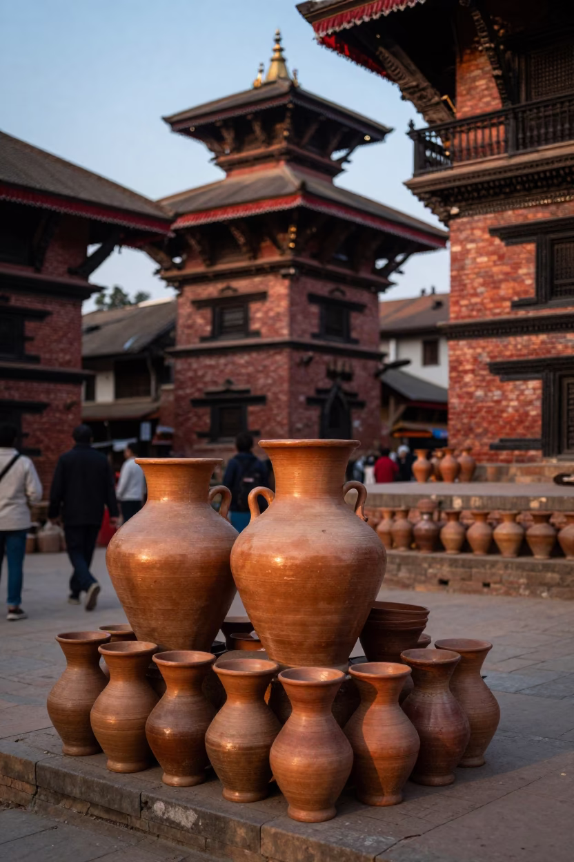 Evening Street Scene in Kathmandu Nepal with Stacked Pottery Wares and Local Market Activity in in Kathmandu, Nepal