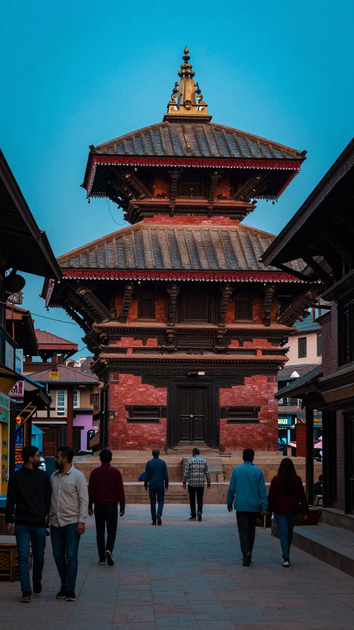 Evening Street Scene in Kathmandu Nepal with Traditional Architecture and Local Life in in Kathmandu, Nepal
