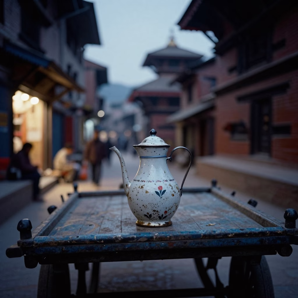 Evening Street Scene in Kathmandu Nepal with Traditional Enamel Pitcher and Window Light in in Kathmandu, Nepal