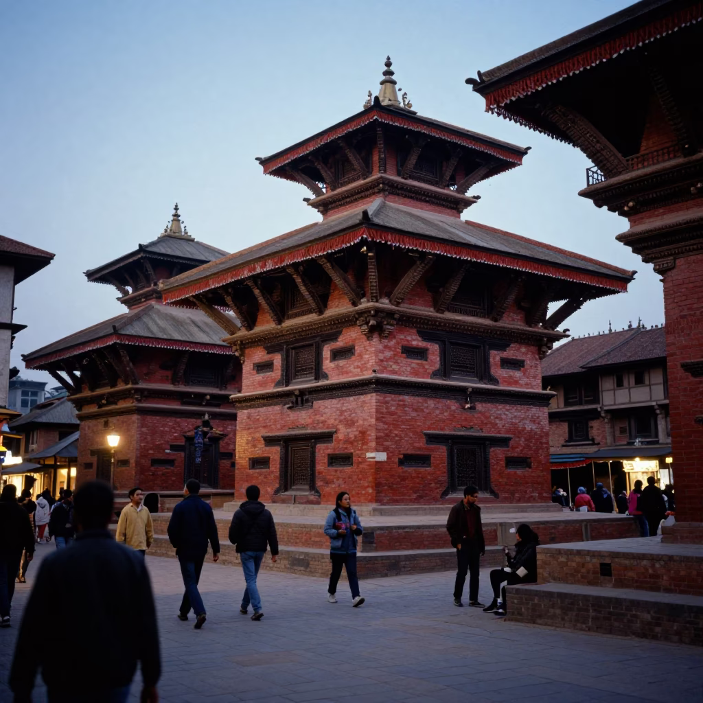 Evening Street Scene in Kathmandu Nepal with Vintage 1980s Aesthetic and Local Market Activity in in Kathmandu, Nepal