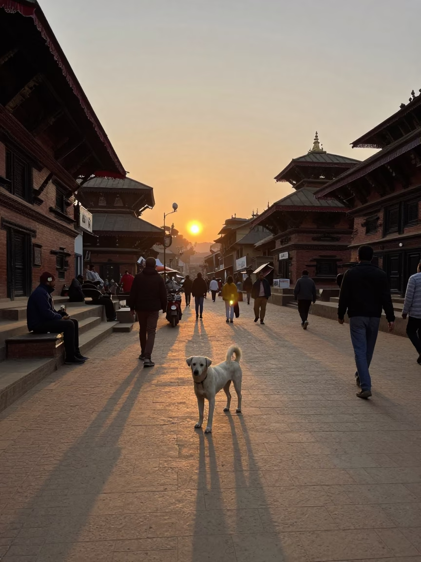 Evening Street Scene in Kathmandu Nepal with White Dog and Local Life in in Kathmandu, Nepal