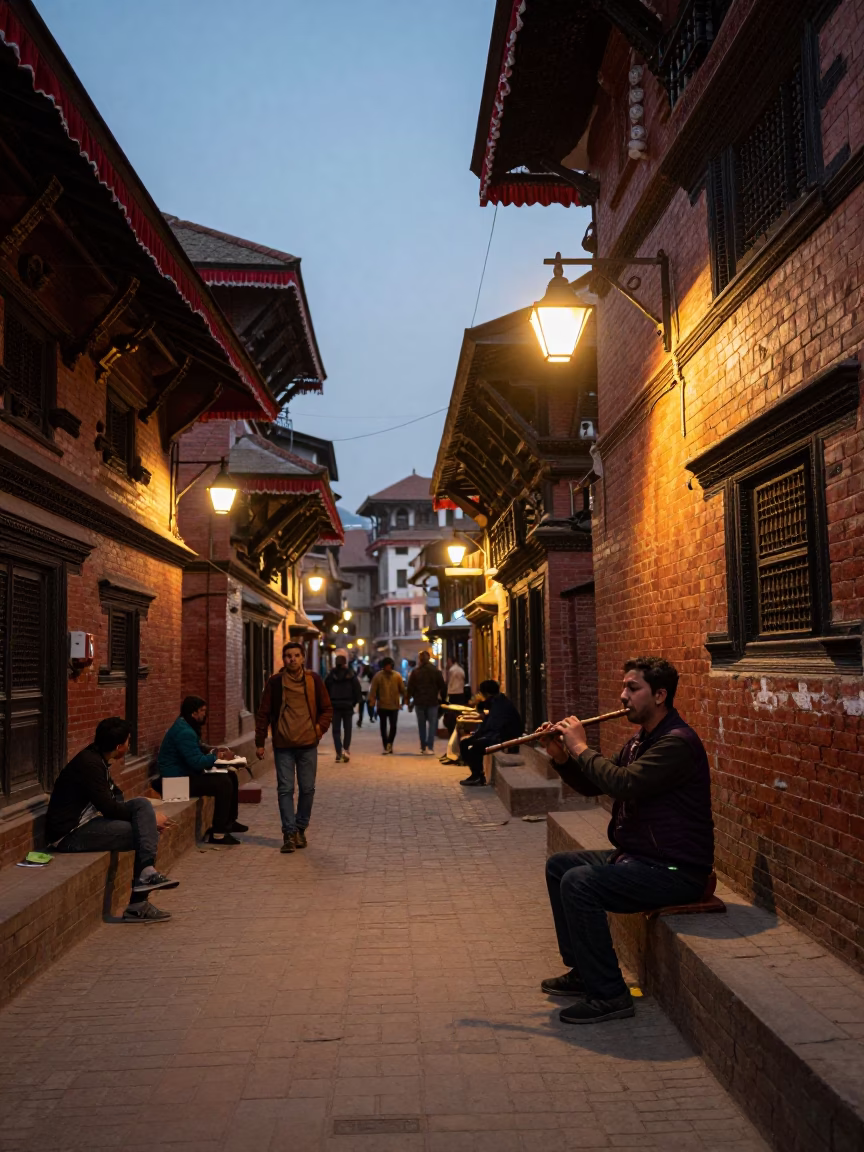 Evening Street Scene in Kathmandu Nepal with Wooden Flute Player and Traditional Architecture in in Kathmandu, Nepal