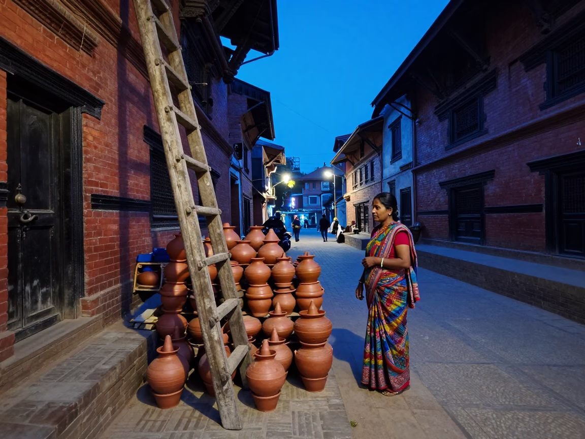 Evening Street Scene in Kathmandu Nepal with Wooden Ladder and Clay Pots in in Kathmandu, Nepal
