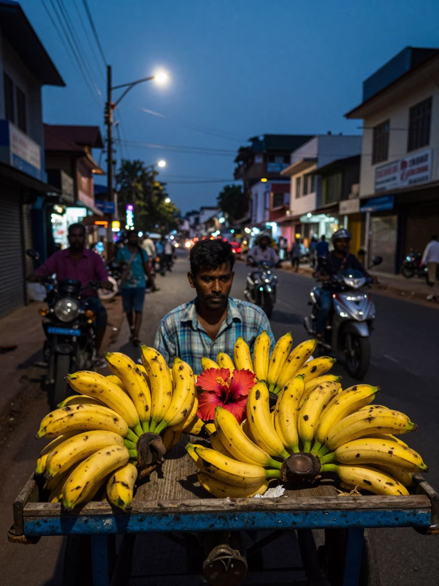 Evening Street Scene in Kochi India with Bananas and Hibiscus Flower Detail in in Kochi, India