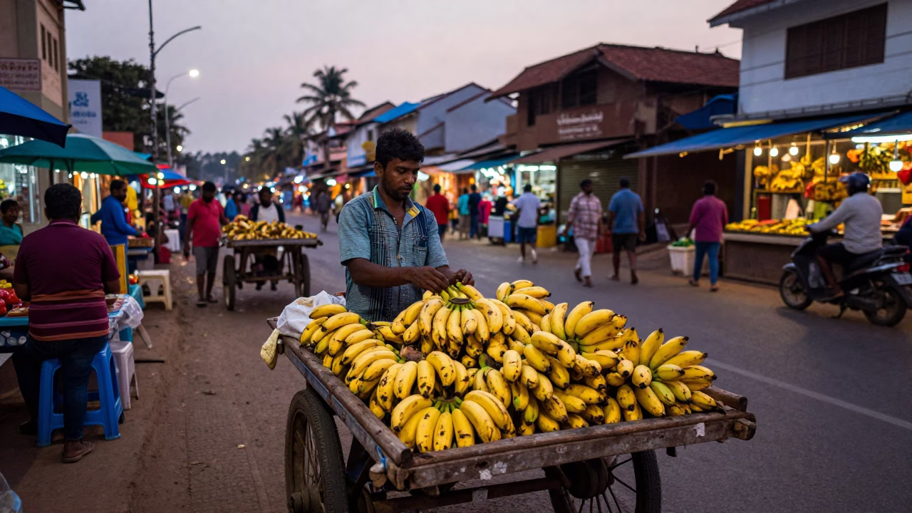Evening Street Scene in Kochi India with Bananas and Local Market Activity in in Kochi, India