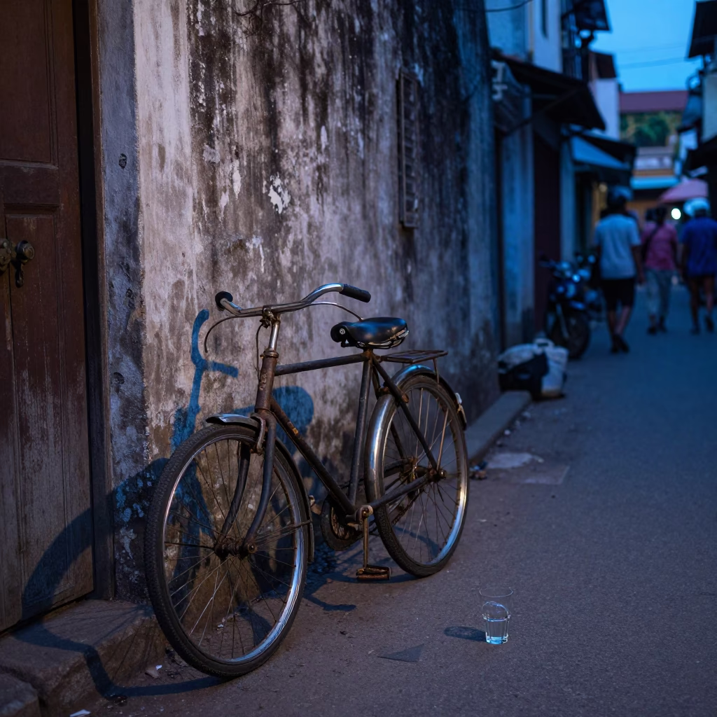 Evening Street Scene in Kochi India with Bicycle and Glass Tumblers in in Kochi, India