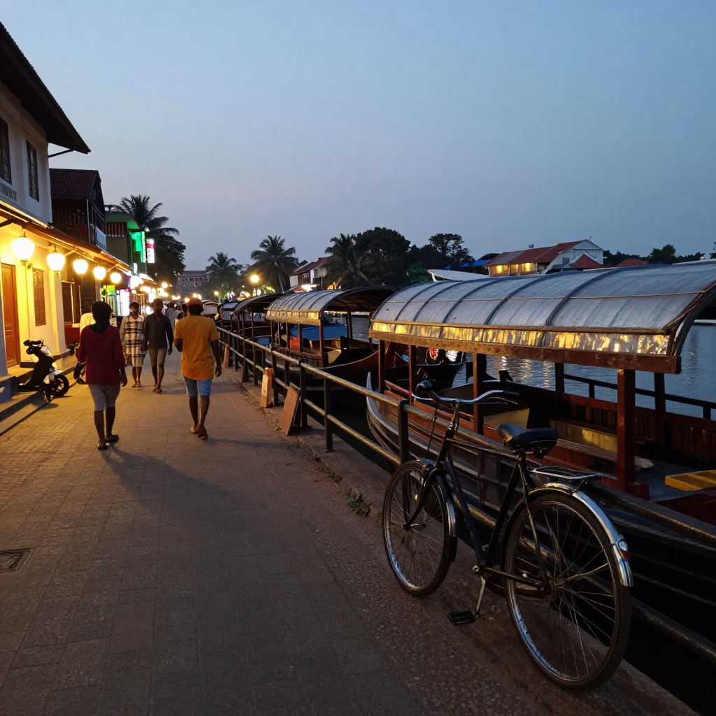 Evening Street Scene in Kochi India with Bicycle and Lanterns in in Kochi, India