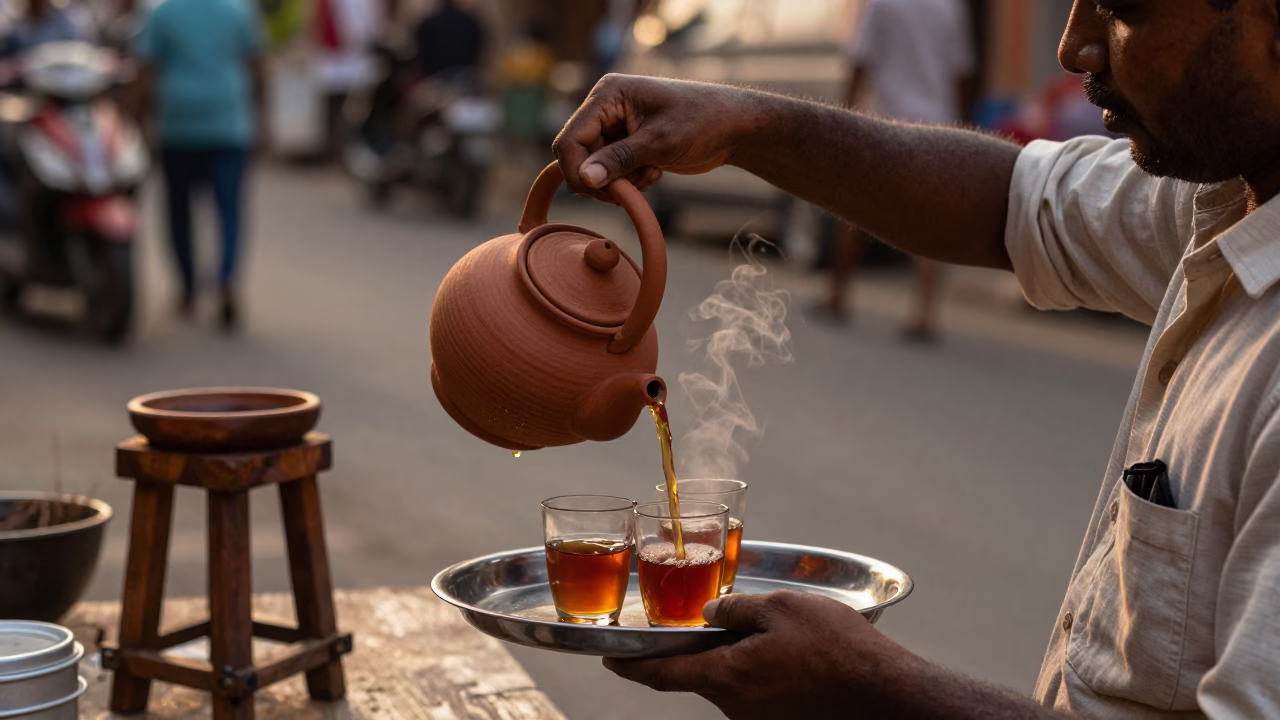 Evening Street Scene in Kochi India with Clay Teapot and Wooden Stool in in Kochi, India