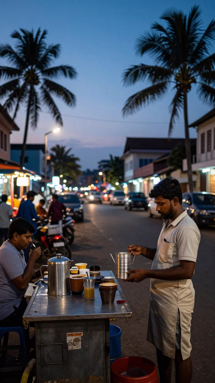 Evening Street Scene in Kochi India with Coffee Tin and Palm Trees in in Kochi, India
