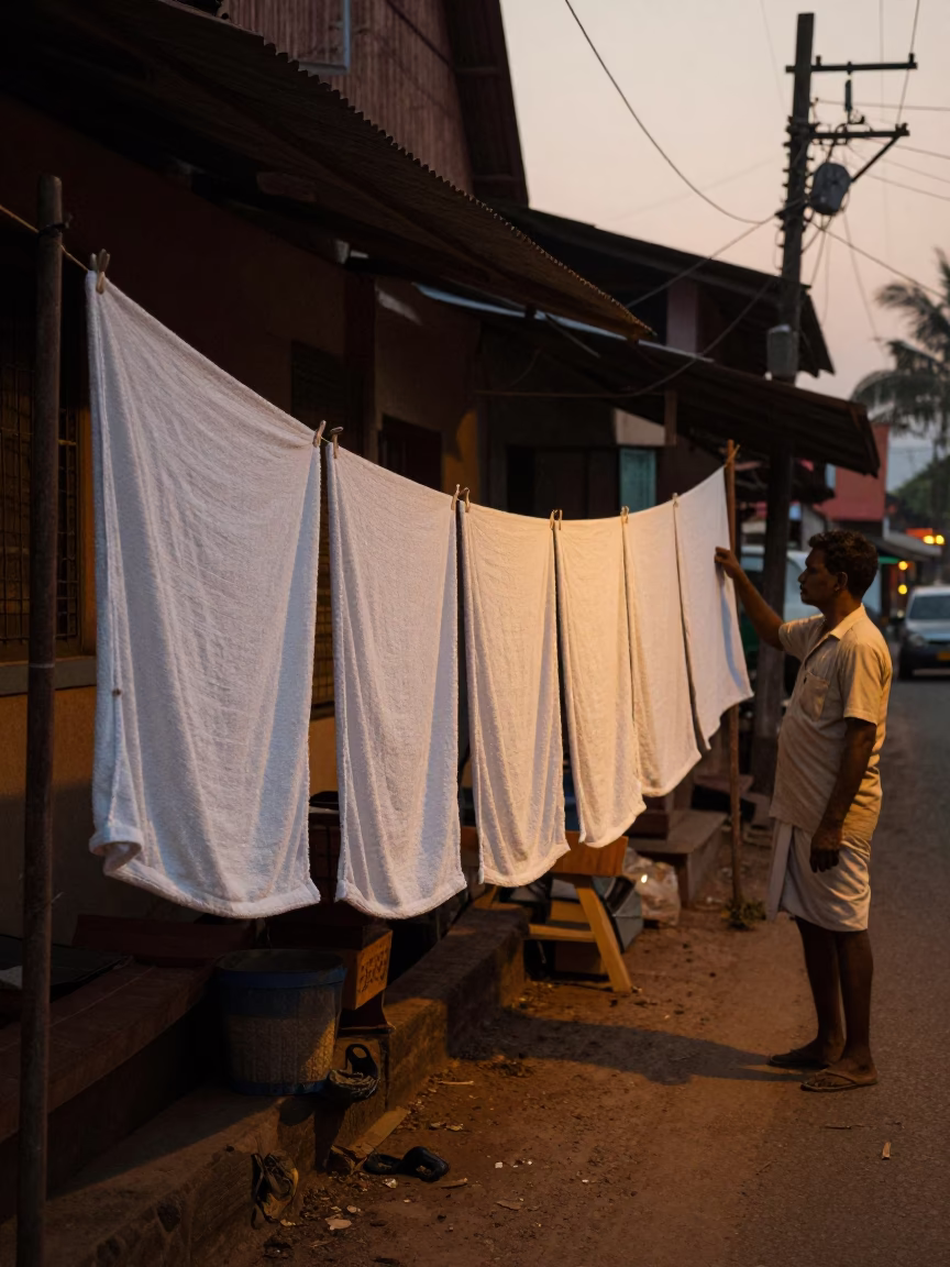 Evening Street Scene in Kochi India with Drying Towels and Local Life in in Kochi, India