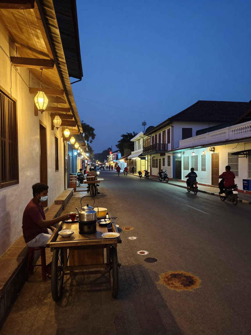 Evening Street Scene in Kochi India with Lanterns and Tea Stains in in Kochi, India