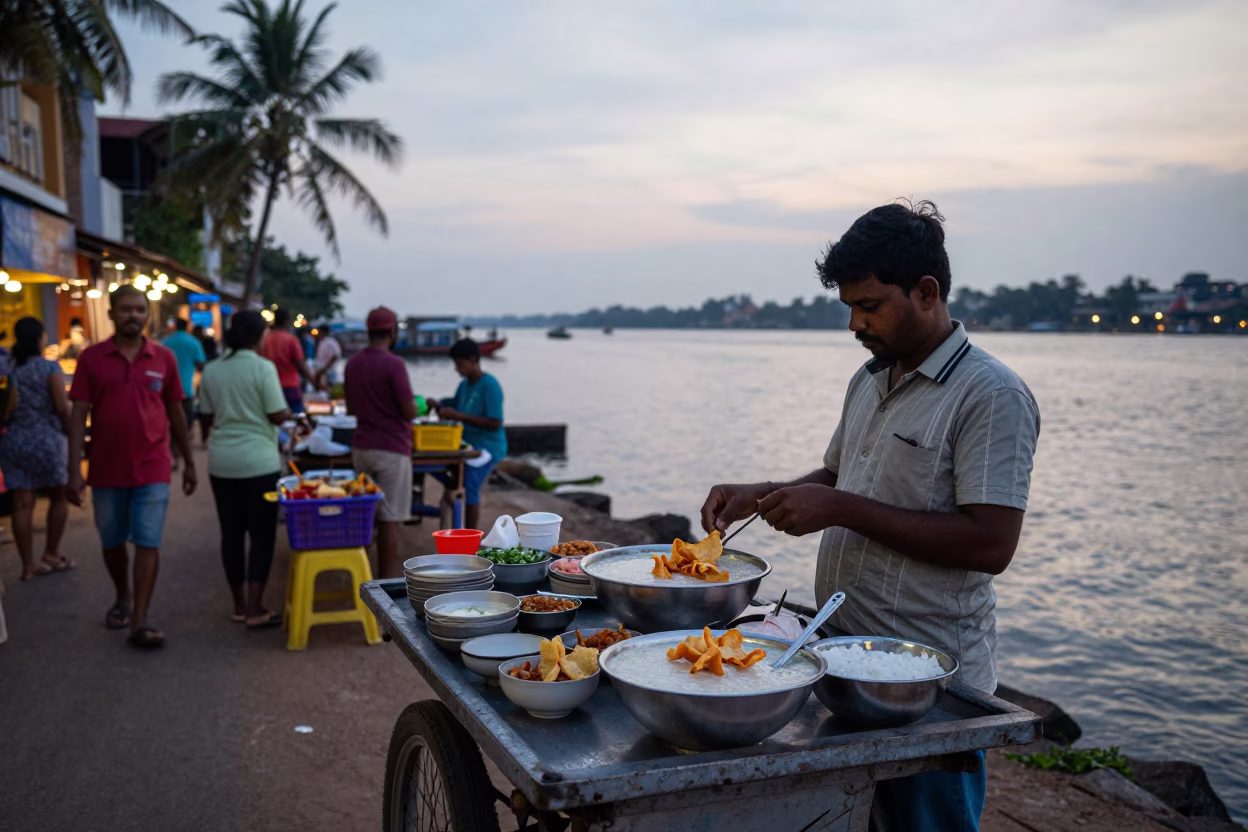 Evening Street Scene in Kochi India with Local Food and Water Taxi Activity in in Kochi, India