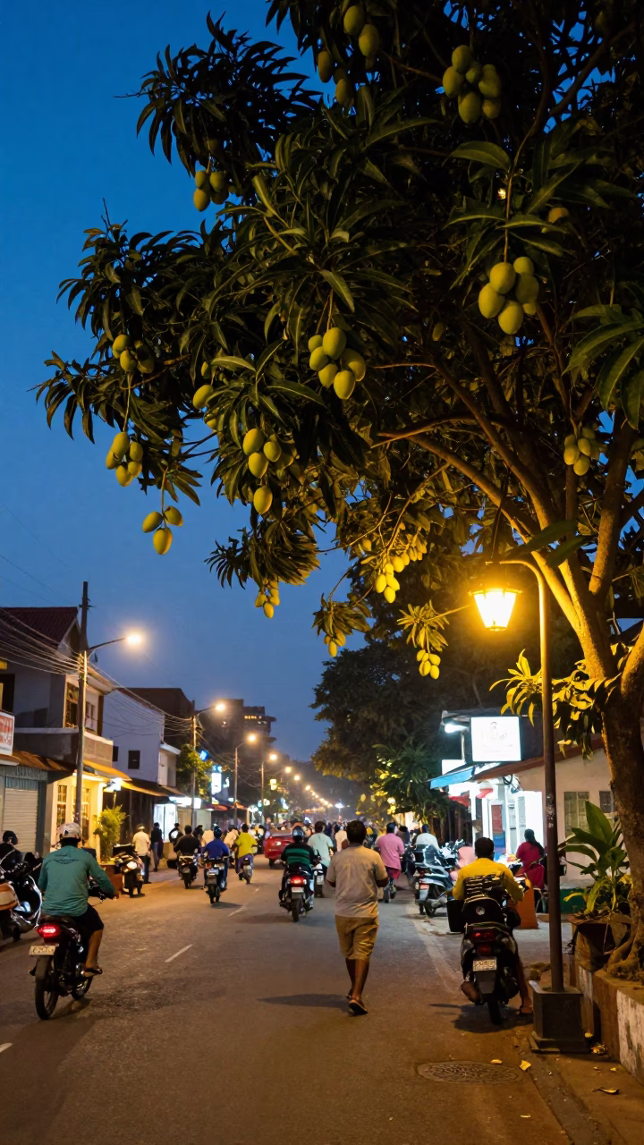 Evening Street Scene in Kochi India with Mango Tree and Lantern Lit Alley Atmosphere in in Kochi, India