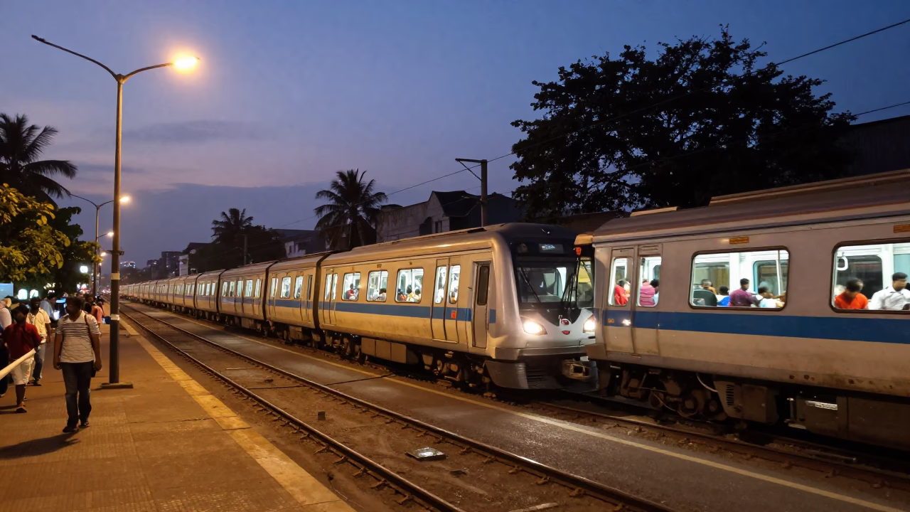 Evening Street Scene in Kochi India with Metro Train and Local Market Activity in in Kochi, India