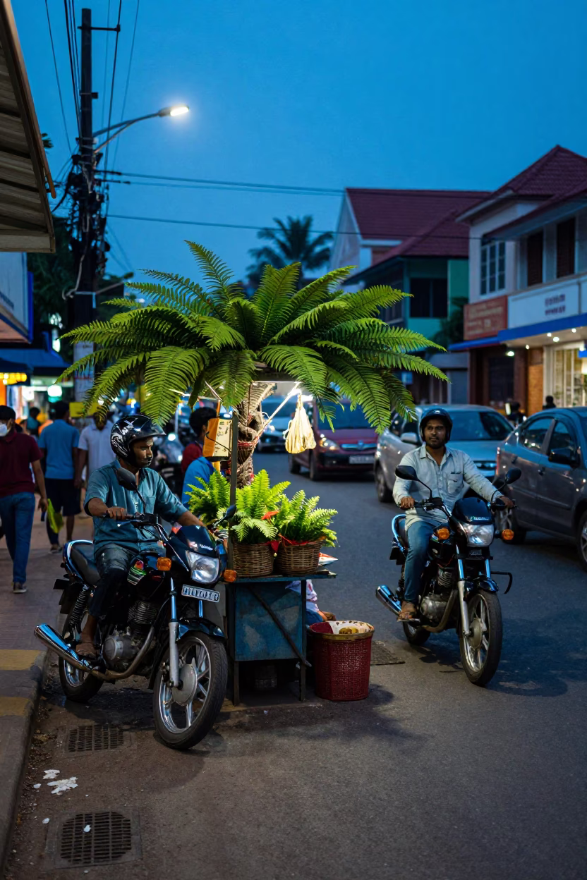 Evening Street Scene in Kochi India with Motorcycle and Ferns in in Kochi, India
