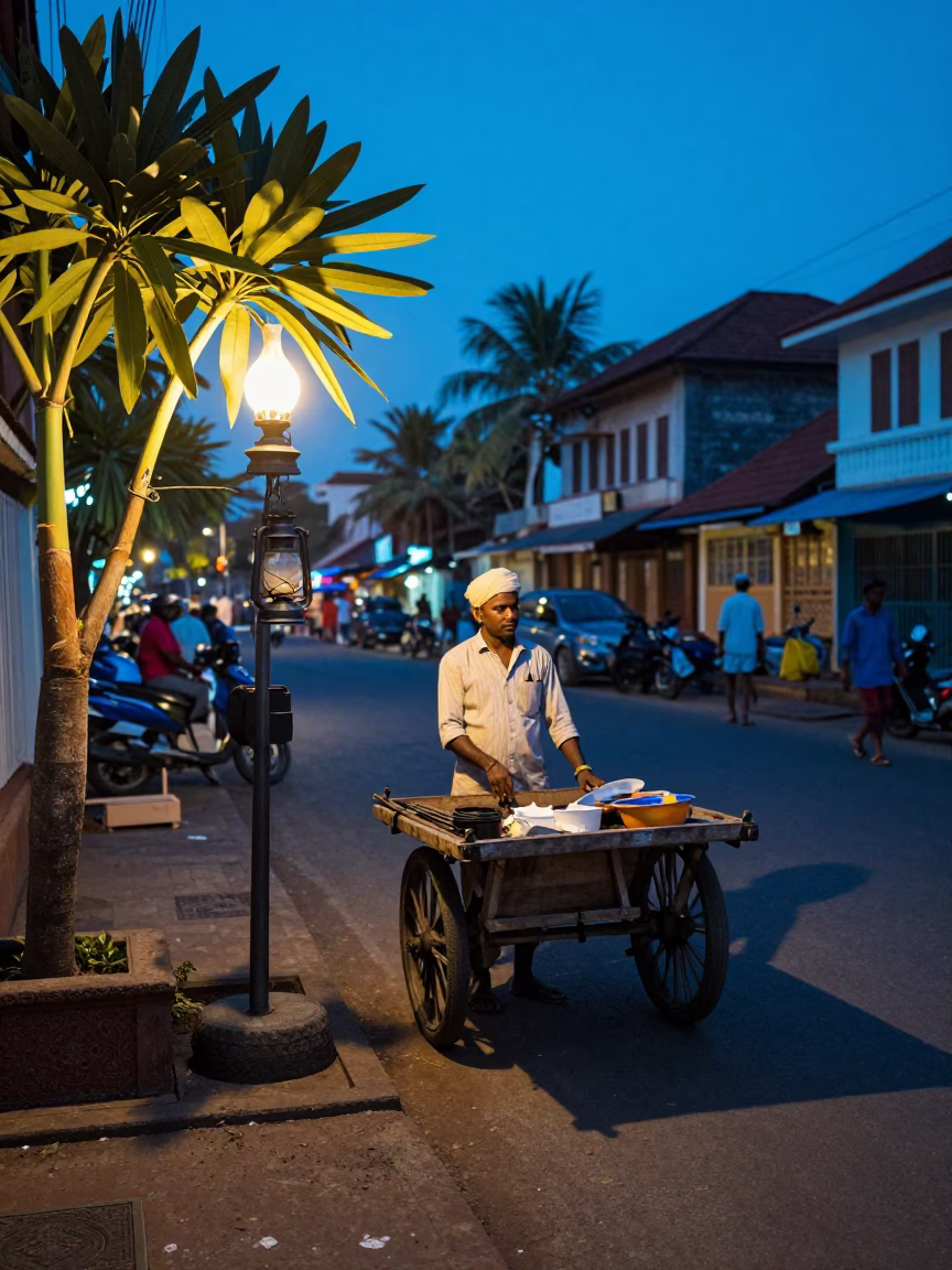 Evening Street Scene in Kochi India with Oil Lamp and Lemongrass Vendor in in Kochi, India