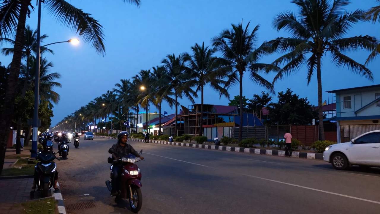 Evening Street Scene in Kochi India with Palm Trees and Construction Site at Dusk in in Kochi, India