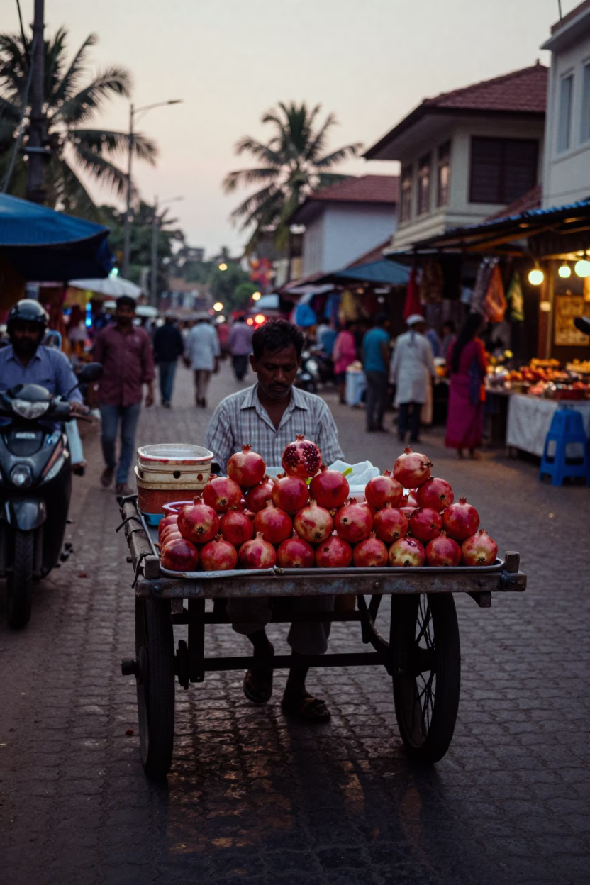 Evening Street Scene in Kochi India with Pomegranate and Local Market Activity in in Kochi, India