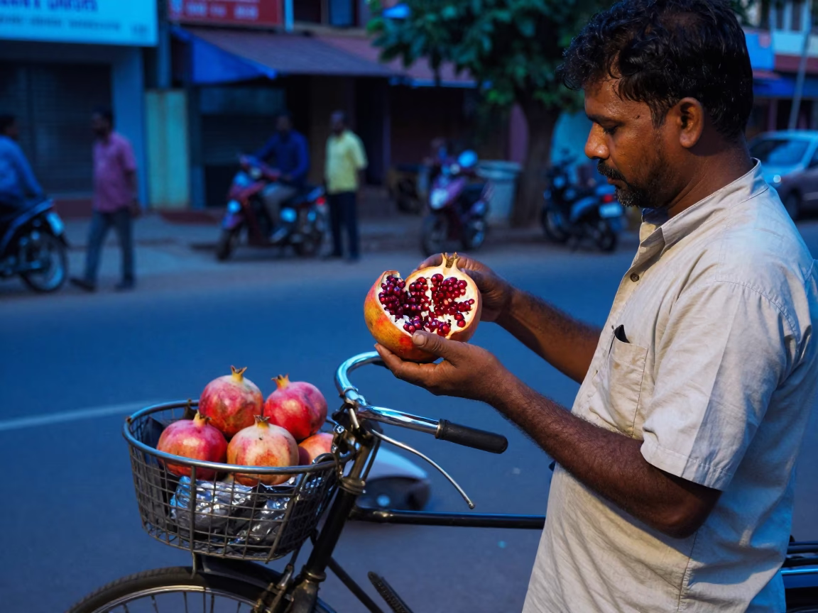 Evening street scene in Kochi India with pomegranate vendor and bicycle under twilight in in Kochi, India
