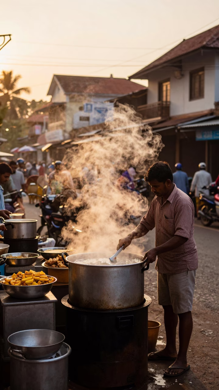 Evening Street Scene in Kochi India with Steam and Local Food Vendor in in Kochi, India